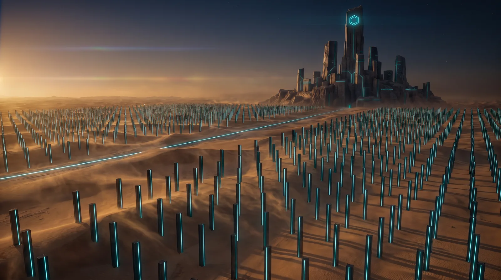 A glowing sphere-shaped data core suspended between towers, pulsing cyan light with orange particles orbiting it.