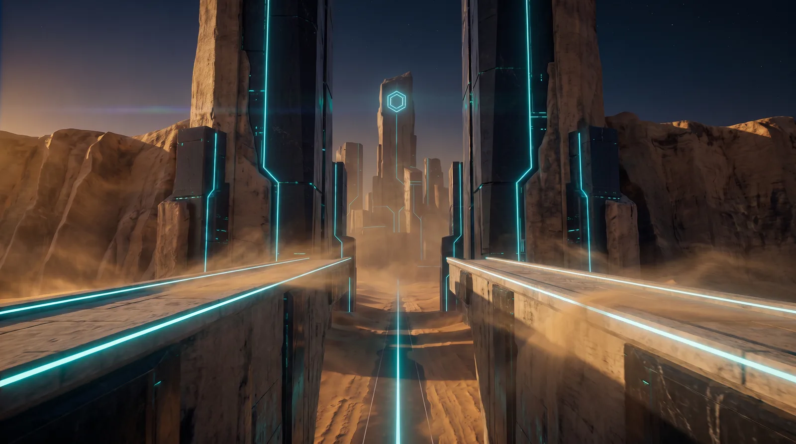 Slim neon towers with tall holographic screens, light trails of flying vehicles weaving between them.