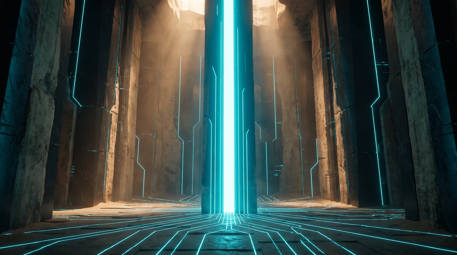 City towers connected by an orderly luminous network of light lines forming a glowing constellation above the streets.